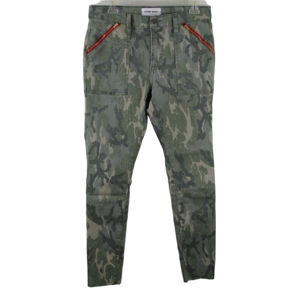 Etienne Marcel Camo Skinny Jeans Red Zipper Pockets Raw Cut Hemline Size 30